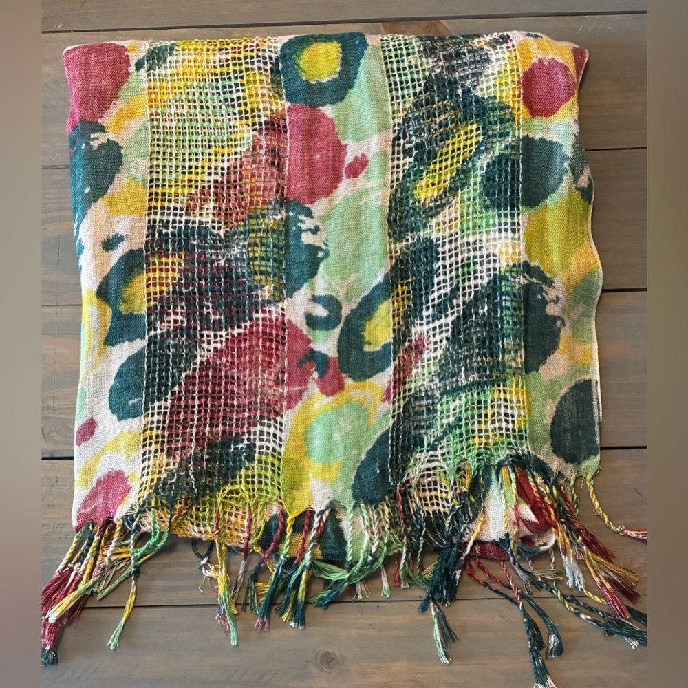 Colorful Abstract Patterned Cotton Gauze Scarf with Fringe.